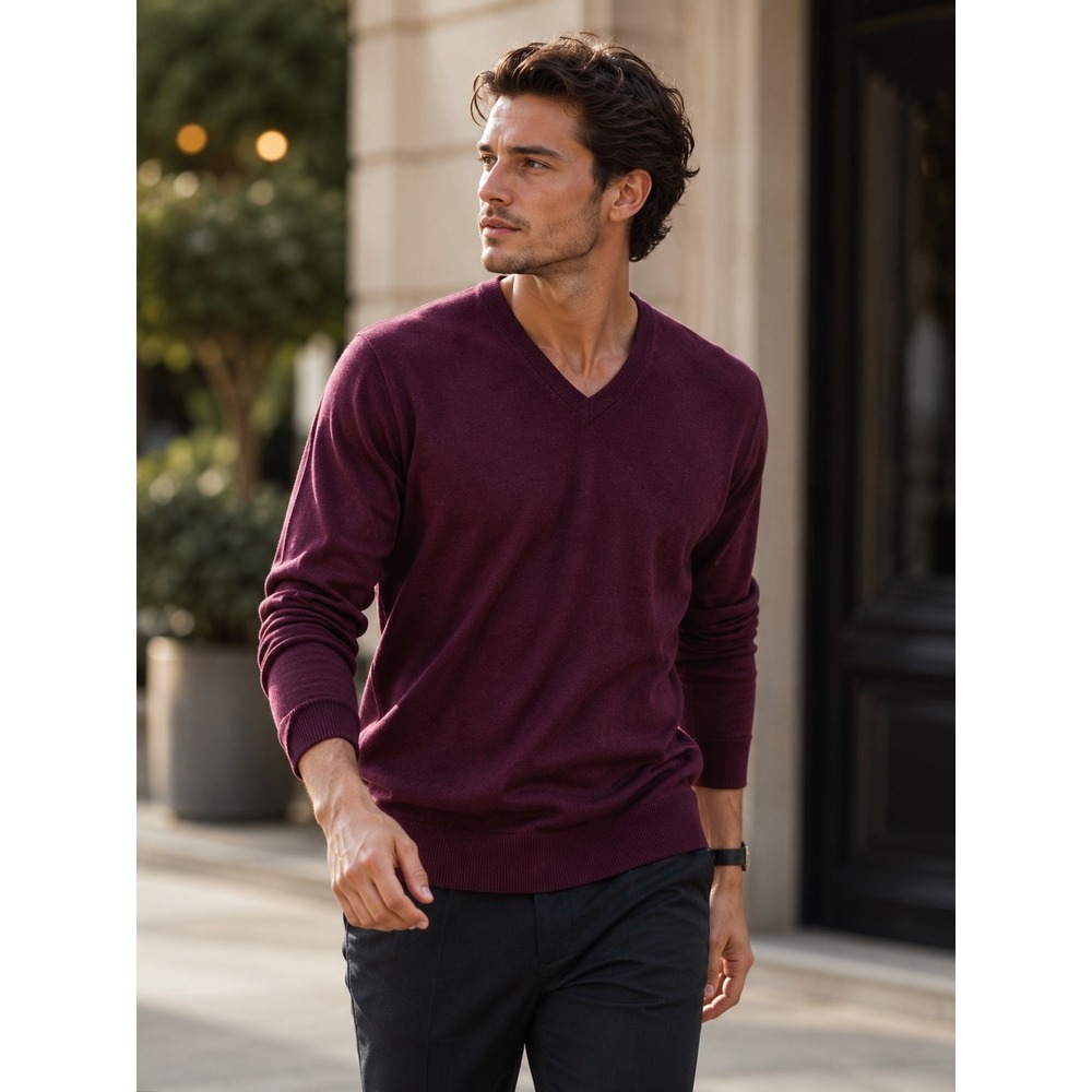 Jos. A. Bank Traveler Mens XL Burgundy 100% Merino Wool V-Neck Sweater Maroon